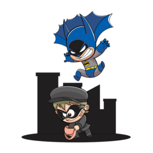 Kreskówkowy superbohater w niebieskim kostiumie rzuca się na złodzieja z workiem, na tle panoramy miasta, jakby uchwycony na szkicu z każdym szczegółem zapisanym mistrzowsko.