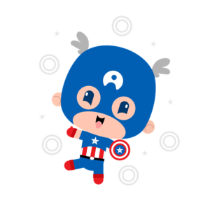 Postać z kreskówki w niebieskim kostiumie superbohatera ze skrzydłami na głowie i trzymająca małą tarczę, otoczoną okręgami i gwiazdami, pojawia się, jakby została zapisana na białym tle.