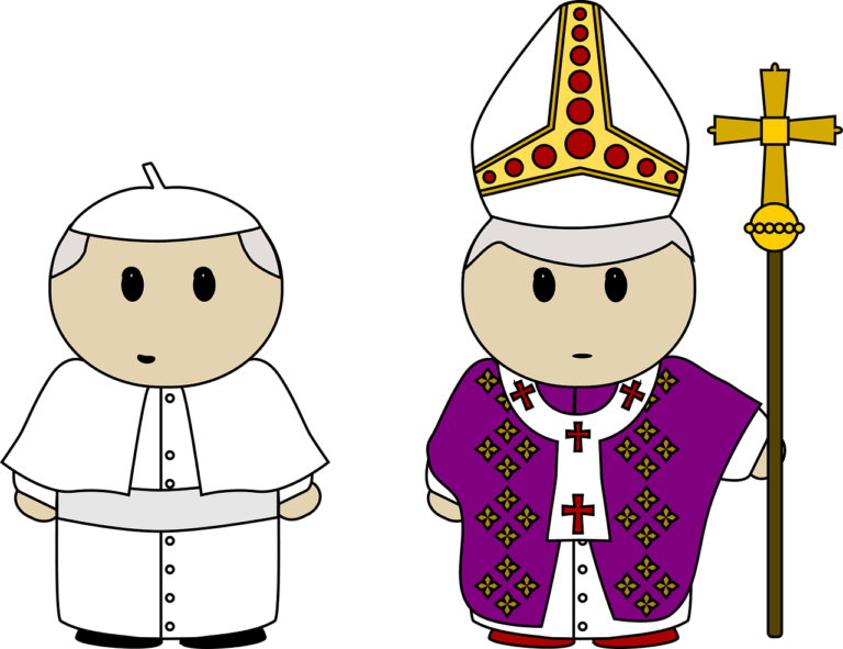 Postacie z kreskówek przedstawiające dwóch przywódców religijnych: jeden w prostej białej szacie i kapeluszu, drugi w fioletowej szacie z wysokim kapeluszem i trzymający laskę krzyża. Scena wygląda, jakby została naszkicowana, uchwytując artystyczną esencję, która jest niemal automatycznie zapisana, zachowując ich pogodne wyrazy twarzy.